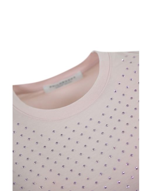Philosophy Di Lorenzo Serafini Pink Cotton T-Shirt With Rhinestones