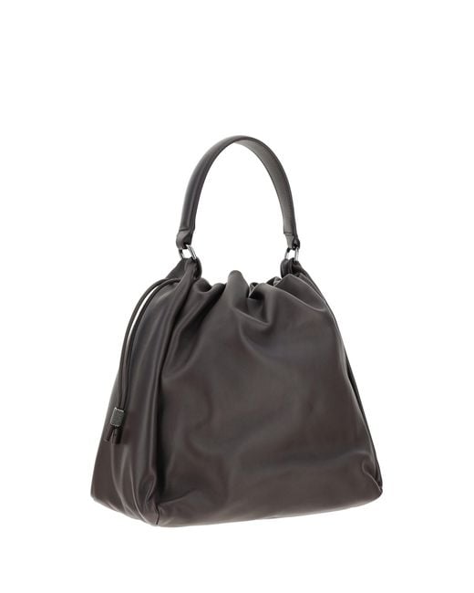 Brunello Cucinelli Black Leather Shoulder Bag With Drawstring Closure Calf Bos Taurus