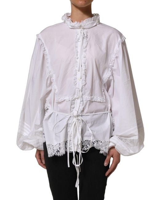 Dolce & Gabbana Blue White Ruffled Lace Embellished Blouse Top