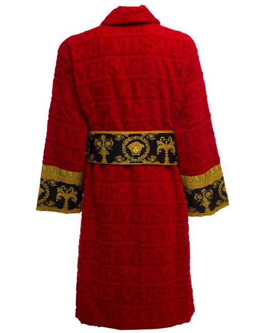 Versace Homes Red Terry Cotton Bathrobe With Baroque Detail Lyst