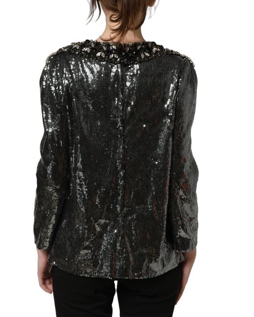 Dolce & Gabbana Black Metallic Gray Sequin Embellished Blouse Top