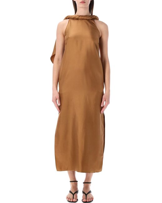 Loulou de Saison Brown Loulou Susan Silk Twill Twisted Collar Dress