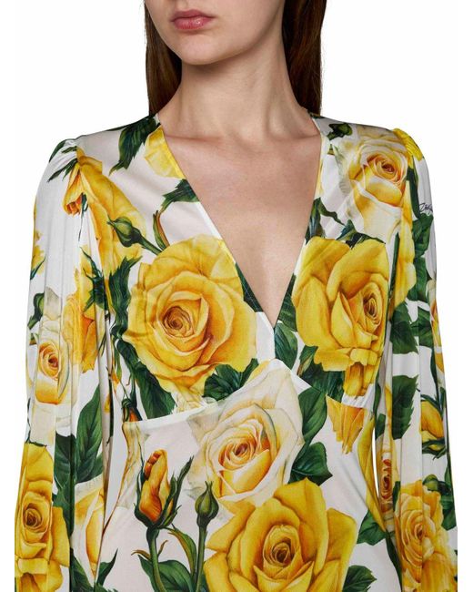Dolce & Gabbana Yellow Rose Printed V-neck Dress