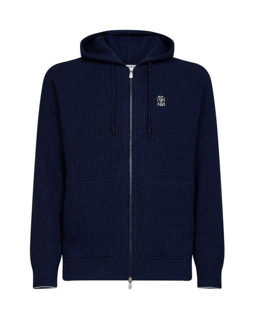 Brunello Cucinelli Blue Cashmere Knit Zip-Up Hoodie for men