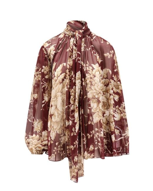 Dolce & Gabbana Brown Chiffon Shirt With Rose Print