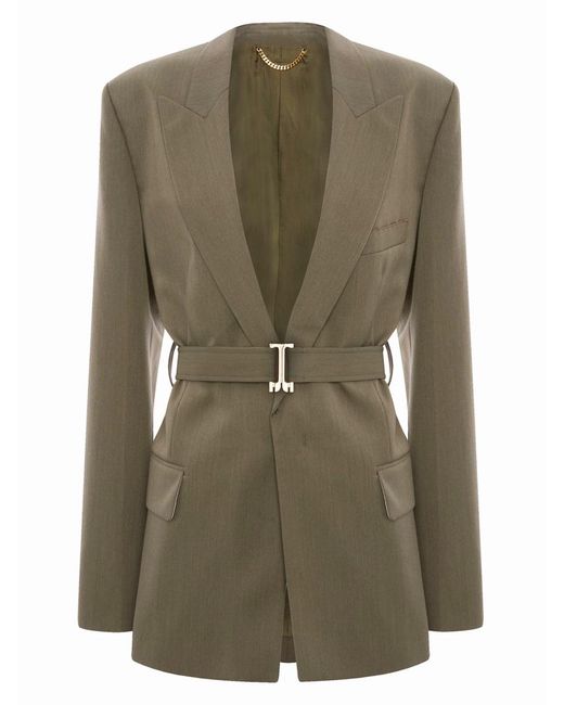 Victoria Beckham Green Tailored Blazer With Belt Wool Jacket