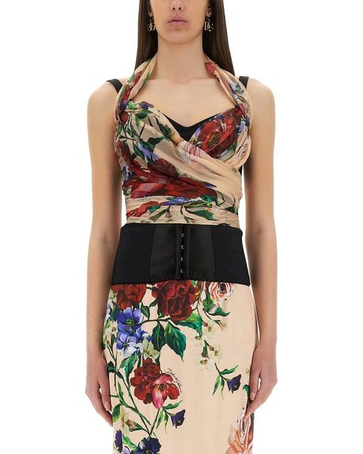 Dolce & Gabbana Black Flower Print Marquisette And Chiffon Bustier Top