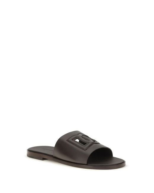 Dolce & Gabbana Black Sandals Embossed Logo Calf Leather for men