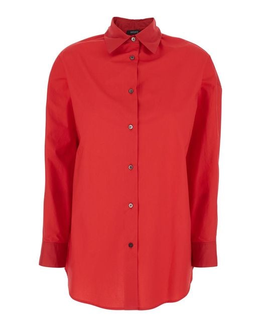 Le Plain Red Shirt Popeline With Classic Collar And Long Sleeves