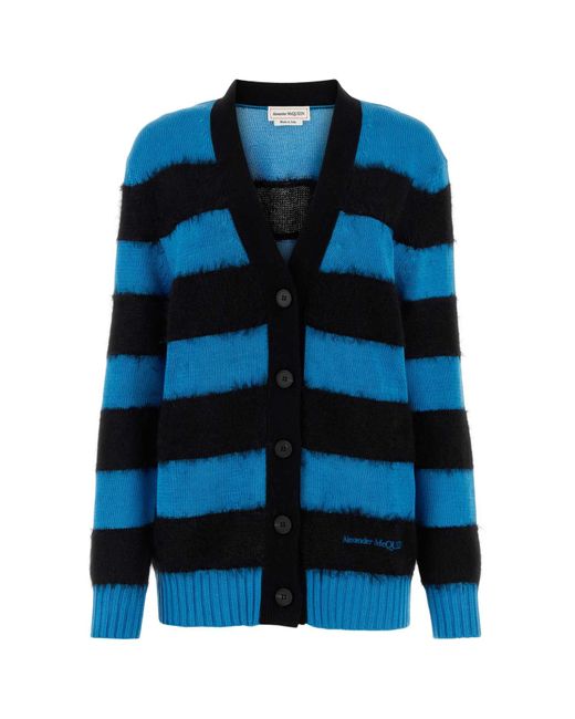Alexander McQueen Blue Striped Brand-embroidered Cotton-knitted Cardigan