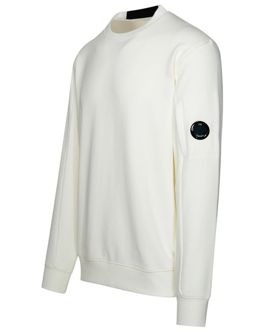 C P Company White Diagonal Raised Fleece Ivory Cotton Sweatshirt for men