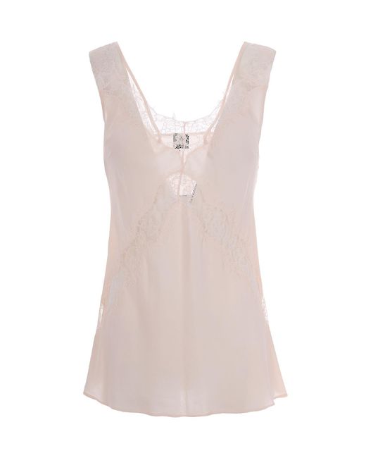 Pinko Pink Sleeveless Twill Viscose Top With Lace Accents