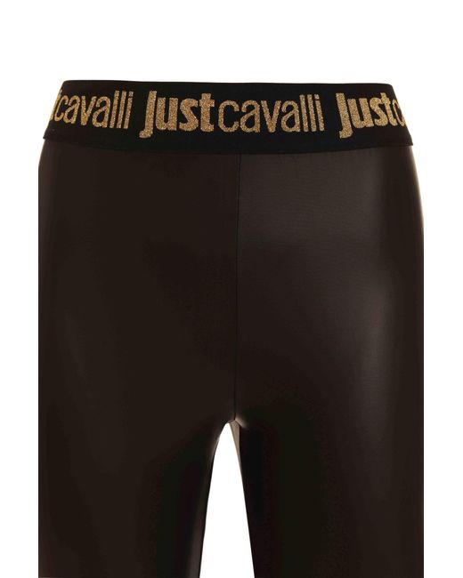 Just Cavalli Black Logo-waistband Faux-leather Leggings