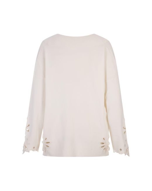 Ermanno Scervino White Over Sweater With V-Neck And Lace