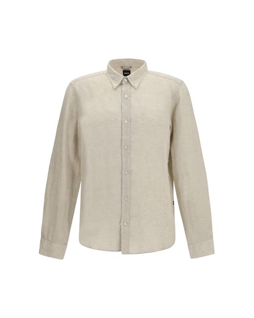 Boss White Regular-Fit Linen Shirt for men
