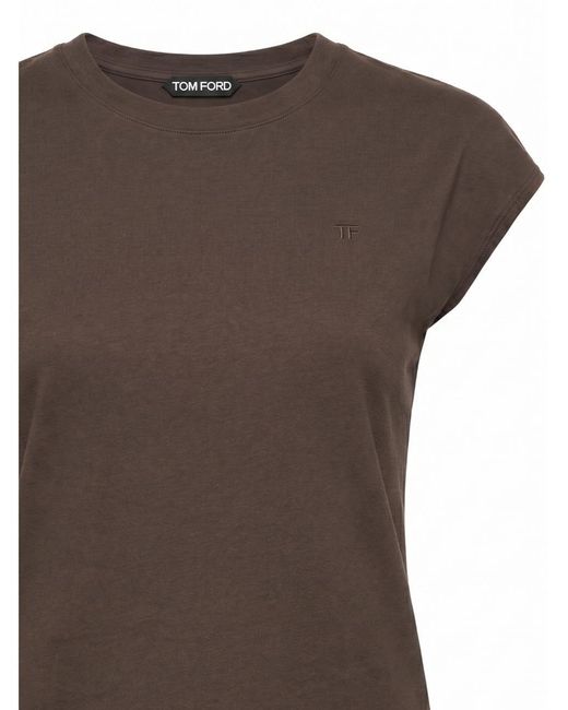 Tom Ford Brown Chocolate-Colored Cotton Jersey Crew Neck T-Shirt With Embroidered Tf Logo
