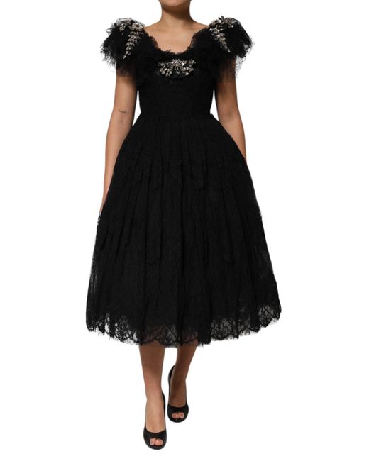 Dolce & Gabbana Black Crystal Embellished Midi A-Line Dress Acetate
