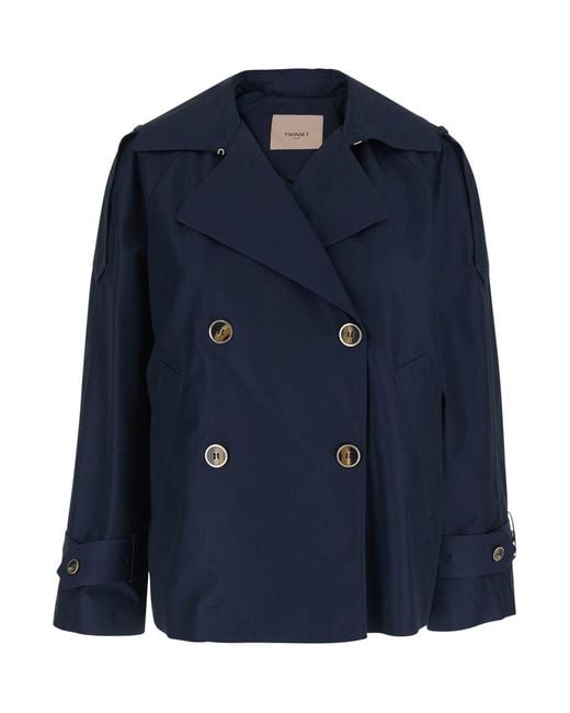 Twinset Blue Short Double-Breasted Trench Coat