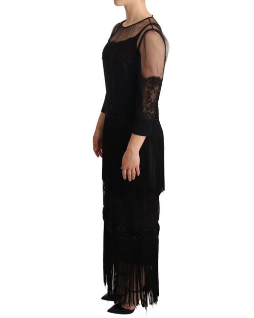 Dolce & Gabbana Black Midi Dress 34 Sleeves Lace Fringe
