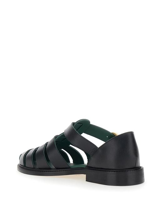 VINNY'S Black Leather Cage Design Sandals With Buckle Closure Nappa Flat Shoes for men