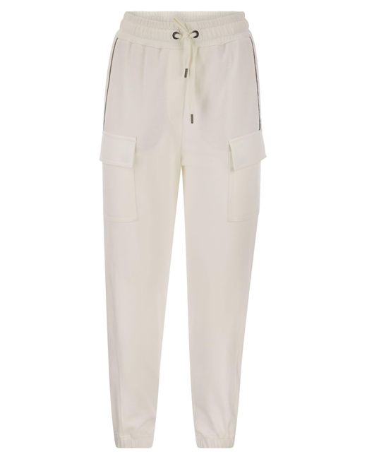 Brunello Cucinelli White Smooth Cotton Fleece Cargo Pants With Monile
