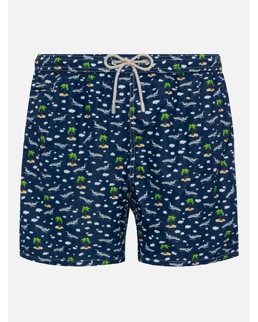Mc2 Saint Barth Blue Lightweight Fabric Swim Shorts Lighting With Palms And Planes Print for men