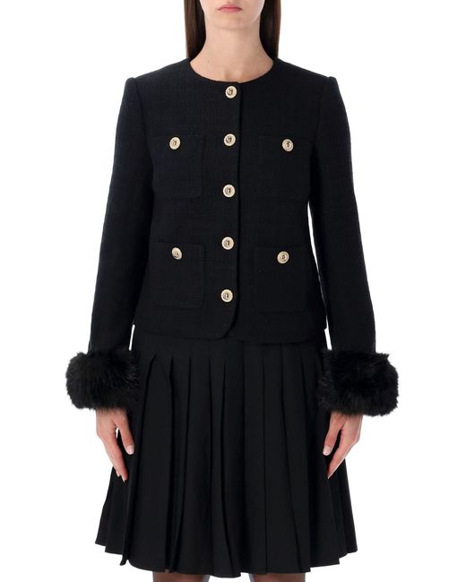 Self-Portrait Black Bouclé Jacket With Faux Fur Cuffs