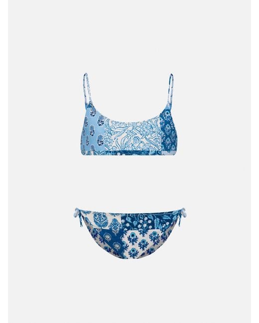 Mc2 Saint Barth Blue Jaiden Double Face Bralette Bikini With Flower Print Sky