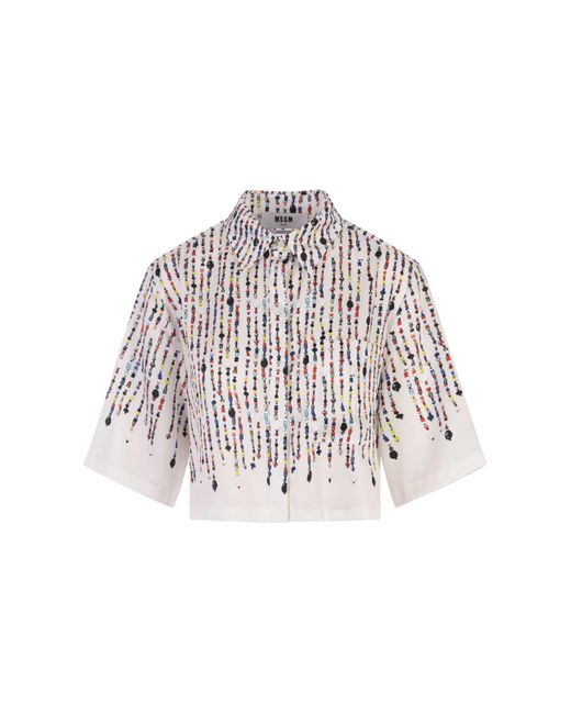 MSGM White Crop Shirt With Multicolour Bead Print
