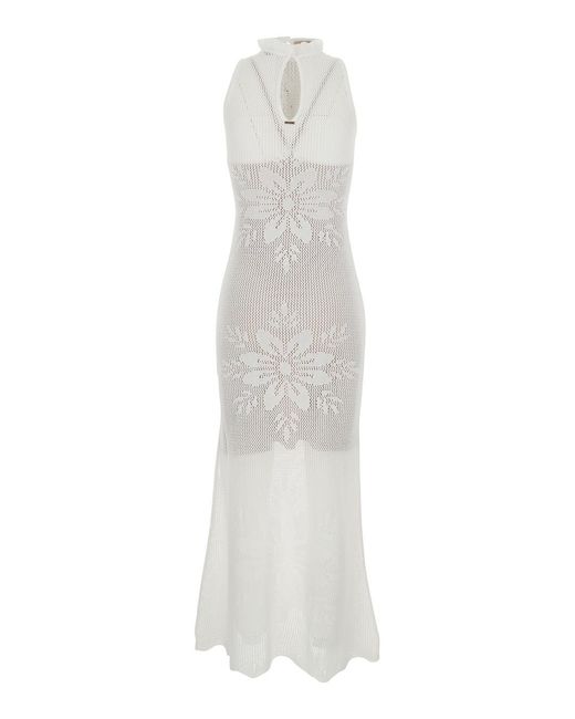 Twinset White Long Dress Knitted With V-Neck And Sleeves Viscose Polyamide