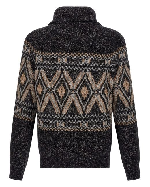 Brunello Cucinelli Black Geometric Jacquard Cardigan for men