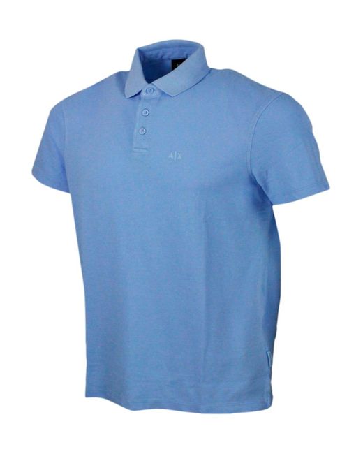 Armani Blue 3-Button Short-Sleeved Pique Cotton Polo Shirt With Logo Embroidered On The Chest for men
