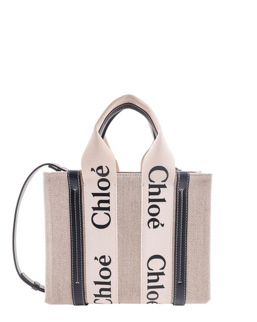 Chloé Multicolor Woody Small Linen And Leather Handbag.This Bag Is Made With Lower Environmental Impact Material