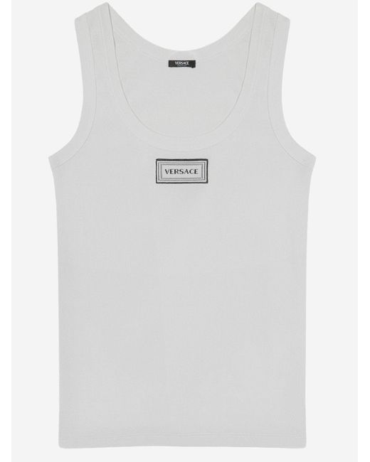 Versace White Stretch Cotton Tank Top With Logo