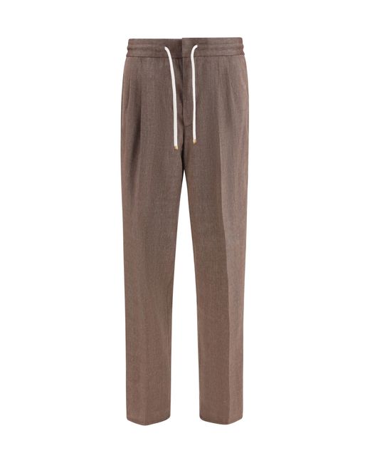 Brunello Cucinelli Brown Herringbone Linen And Wool Pants Linen; Merino Ovis Aries for men