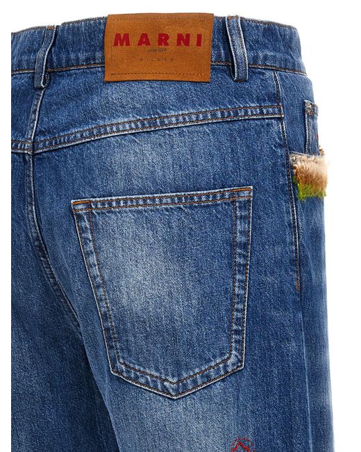 Marni Blue Embroidery Jeans And Patches for men