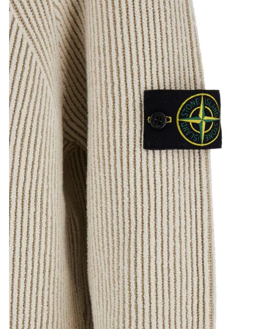 Stone Island White Sweater With Ribbed Design And Logo Patch On Sleeve for men