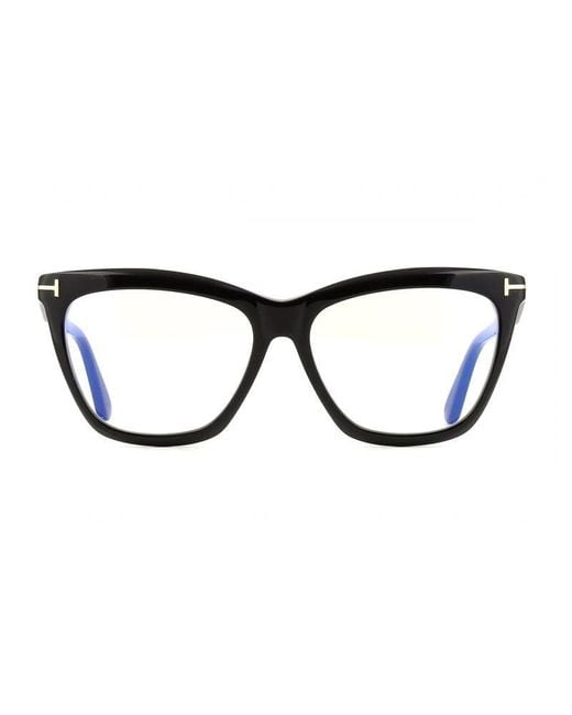 Tom Ford Black Eyeglasses Cat Eye Full Rim, Shiny Frame And Clear- Light Block Lenses Lens Ft6064-B001