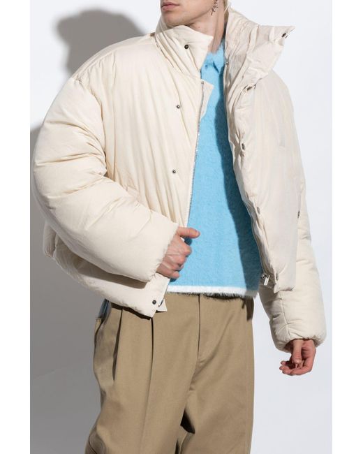 Jacquemus White Asymmetric Buttoned Highneck Puffer Jacket for men
