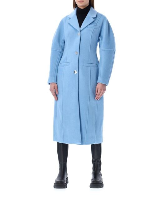 Ganni Blue Wool Curved Sleeve Fitted Coat
