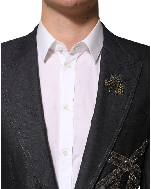 Dolce & Gabbana Black Dark Gray Bee Embroidery Wool Coat Blazer for men