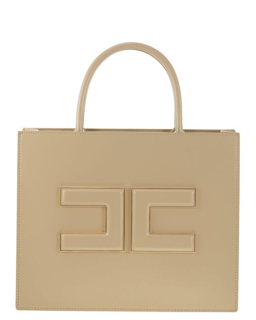 Elisabetta Franchi Natural Medium Shopper With Logo Plaque