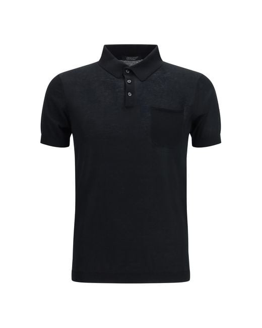 Aragona Cashmere Black Short-Sleeve Polo Cotton Shirts for men