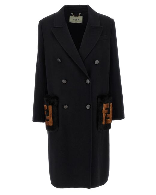 Fendi Wool Double-Breasted Coat in Black | Lyst