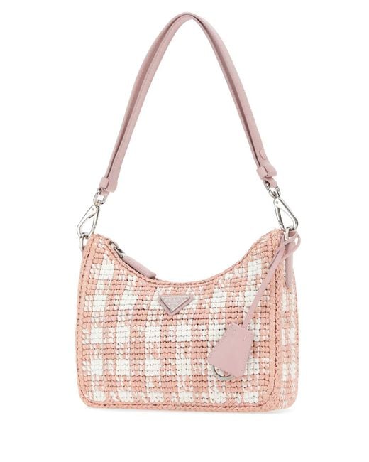 Prada Pink Two-Tone Raffia Mini Re-Edition Shoulder Bag