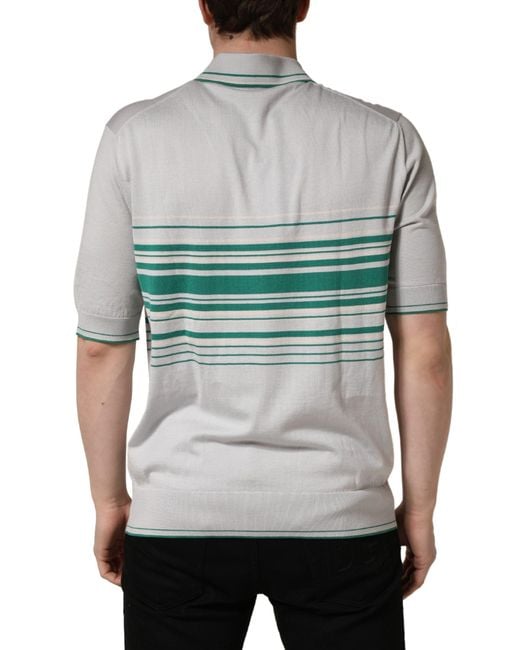 Dolce & Gabbana Gray Green Striped Logo Silk Polo T for men