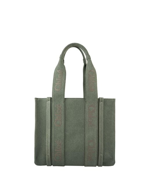 Chloé Green Woody Medium Shopping Bag With Shoulder Strap
