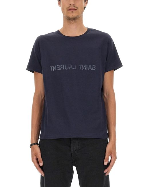 Saint Laurent Blue Inverted Logo T-Shirt T Cotton T-Shirts for men