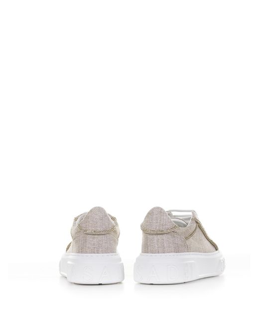Casadei White Canvas Sneakers With Rhinestone Profiles