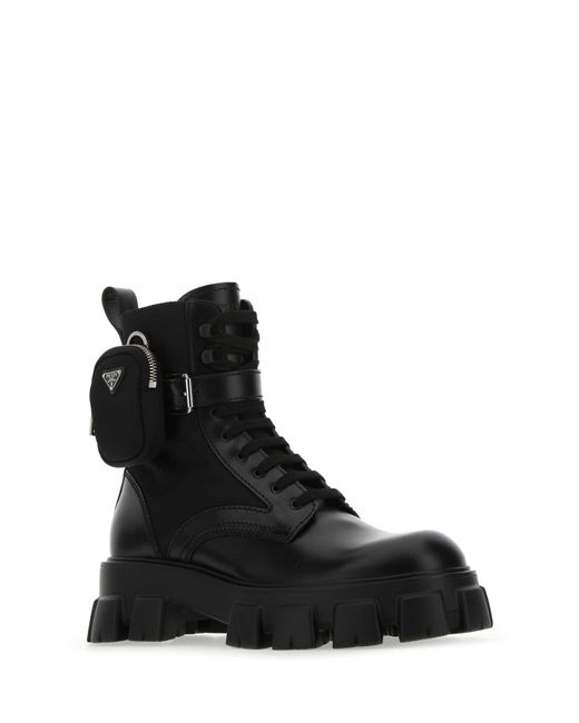 Prada Black Re-Nylon & Leather Zip Pocket Combat Boots for men